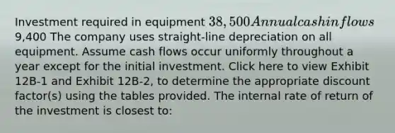 Investment required in equipment 38,500 Annual cash inflows9,400 The company uses straight-line depreciation on all equipment. Assume cash flows occur uniformly throughout a year except for the initial investment. Click here to view Exhibit 12B-1 and Exhibit 12B-2, to determine the appropriate discount factor(s) using the tables provided. The internal rate of return of the investment is closest to: