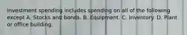 Investment spending includes spending on all of the following except A. Stocks and bonds. B. Equipment. C. Inventory. D. Plant or office building.