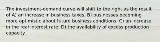 The investment-demand curve will shift to the right as the result of A) an increase in business taxes. B) businesses becoming more optimistic about future business conditions. C) an increase in the real interest rate. D) the availability of excess production capacity.