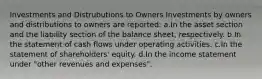 Investments and Distrubutions to Owners Investments by owners and distributions to owners are reported: a.In the asset section and the liability section of the balance sheet, respectively. b.In the statement of cash flows under operating activities. c.In the statement of shareholders' equity. d.In the income statement under "other revenues and expenses".