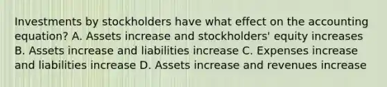 Investments by stockholders have what effect on the accounting equation? A. Assets increase and stockholders' equity increases B. Assets increase and liabilities increase C. Expenses increase and liabilities increase D. Assets increase and revenues increase