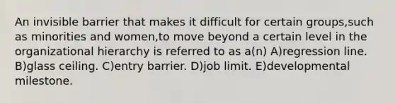 An invisible barrier that makes it difficult for certain groups,such as minorities and women,to move beyond a certain level in the organizational hierarchy is referred to as a(n) A)regression line. B)glass ceiling. C)entry barrier. D)job limit. E)developmental milestone.