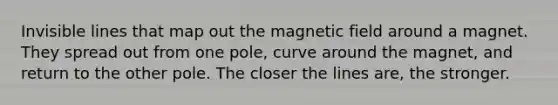 Invisible lines that map out the magnetic field around a magnet. They spread out from one pole, curve around the magnet, and return to the other pole. The closer the lines are, the stronger.