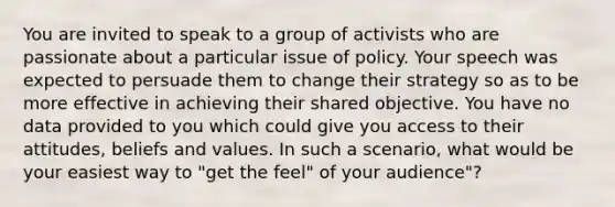 You are invited to speak to a group of activists who are passionate about a particular issue of policy. Your speech was expected to persuade them to change their strategy so as to be more effective in achieving their shared objective. You have no data provided to you which could give you access to their attitudes, beliefs and values. In such a scenario, what would be your easiest way to "get the feel" of your audience"?