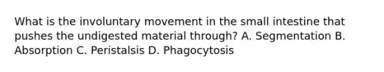 What is the involuntary movement in the small intestine that pushes the undigested material through? A. Segmentation B. Absorption C. Peristalsis D. Phagocytosis