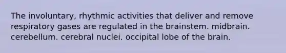 The involuntary, rhythmic activities that deliver and remove respiratory gases are regulated in <a href='https://www.questionai.com/knowledge/kLMtJeqKp6-the-brain' class='anchor-knowledge'>the brain</a>stem. midbrain. cerebellum. cerebral nuclei. occipital lobe of the brain.