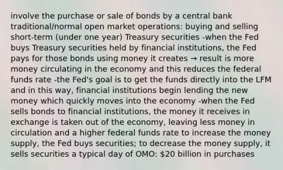 involve the purchase or sale of bonds by a central bank traditional/normal open market operations: buying and selling short-term (under one year) Treasury securities -when the Fed buys Treasury securities held by financial institutions, the Fed pays for those bonds using money it creates → result is more money circulating in the economy and this reduces the federal funds rate -the Fed's goal is to get the funds directly into the LFM and in this way, financial institutions begin lending the new money which quickly moves into the economy -when the Fed sells bonds to financial institutions, the money it receives in exchange is taken out of the economy, leaving less money in circulation and a higher federal funds rate to increase the money supply, the Fed buys securities; to decrease the money supply, it sells securities a typical day of OMO: 20 billion in purchases