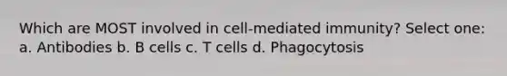 Which are MOST involved in cell-mediated immunity? Select one: a. Antibodies b. B cells c. T cells d. Phagocytosis