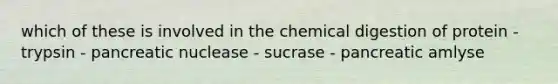 which of these is involved in the chemical digestion of protein - trypsin - pancreatic nuclease - sucrase - pancreatic amlyse