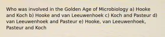 Who was involved in the Golden Age of Microbiology a) Hooke and Koch b) Hooke and van Leeuwenhoek c) Koch and Pasteur d) van Leeuwenhoek and Pasteur e) Hooke, van Leeuwenhoek, Pasteur and Koch