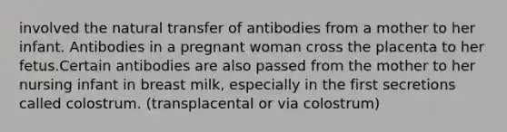 involved the natural transfer of antibodies from a mother to her infant. Antibodies in a pregnant woman cross the placenta to her fetus.Certain antibodies are also passed from the mother to her nursing infant in breast milk, especially in the first secretions called colostrum. (transplacental or via colostrum)