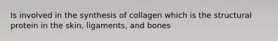 Is involved in the synthesis of collagen which is the structural protein in the skin, ligaments, and bones