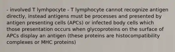 - involved T lymhpocyte - T lymphocyte cannot recognize antigen directly, instead antigens must be processes and presented by antigen presenting cells (APCs) or infected body cells which those presentation occurs when glycoproteins on the surface of APCs display an antigen (these proteins are histocompatibility complexes or MHC proteins)