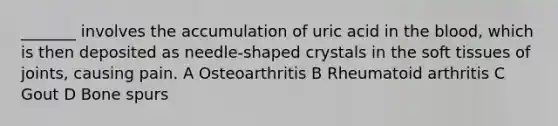 _______ involves the accumulation of uric acid in the blood, which is then deposited as needle-shaped crystals in the soft tissues of joints, causing pain. A Osteoarthritis B Rheumatoid arthritis C Gout D Bone spurs