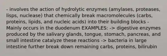 - involves the action of hydrolytic enzymes (amylases, proteases, lisps, nuclease) that chemically break macromolecules (carbs, proteins, lipids, and nucleic acids) into their building blocks - Mainly occurs in the duodenum EXAMPLES: -> <a href='https://www.questionai.com/knowledge/kK14poSlmL-digestive-enzymes' class='anchor-knowledge'>digestive enzymes</a> produced by the salivary glands, tongue, stomach, pancreas, and small intestine catalyze these reactions -> bacteria in <a href='https://www.questionai.com/knowledge/kGQjby07OK-large-intestine' class='anchor-knowledge'>large intestine</a> further break down remaining carbs, proteins, bilirubin