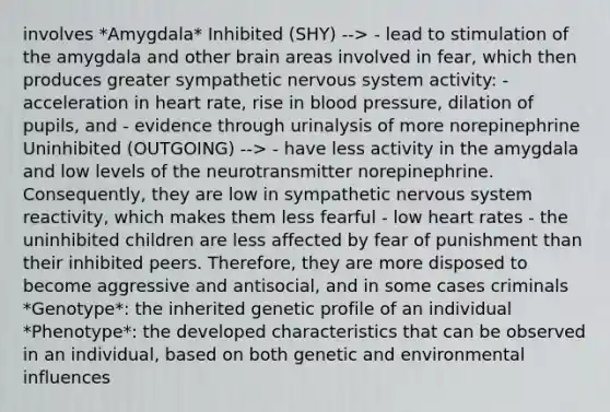 involves *Amygdala* Inhibited (SHY) --> - lead to stimulation of the amygdala and other brain areas involved in fear, which then produces greater sympathetic nervous system activity: - acceleration in heart rate, rise in blood pressure, dilation of pupils, and - evidence through urinalysis of more norepinephrine Uninhibited (OUTGOING) --> - have less activity in the amygdala and low levels of the neurotransmitter norepinephrine. Consequently, they are low in sympathetic nervous system reactivity, which makes them less fearful - low heart rates - the uninhibited children are less affected by fear of punishment than their inhibited peers. Therefore, they are more disposed to become aggressive and antisocial, and in some cases criminals *Genotype*: the inherited genetic profile of an individual *Phenotype*: the developed characteristics that can be observed in an individual, based on both genetic and environmental influences