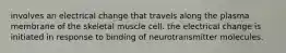 involves an electrical change that travels along the plasma membrane of the skeletal muscle cell. the electrical change is initiated in response to binding of neurotransmitter molecules.