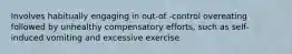 Involves habitually engaging in out-of -control overeating followed by unhealthy compensatory efforts, such as self-induced vomiting and excessive exercise