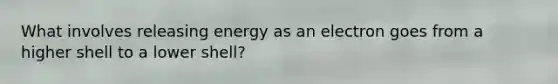 What involves releasing energy as an electron goes from a higher shell to a lower shell?