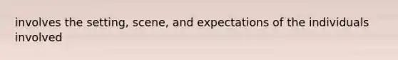 involves the setting, scene, and expectations of the individuals involved