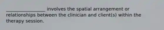 _________________ involves the spatial arrangement or relationships between the clinician and client(s) within the therapy session.