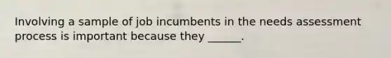 Involving a sample of job incumbents in the needs assessment process is important because they ______.