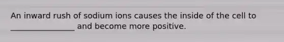 An inward rush of sodium ions causes the inside of the cell to ________________ and become more positive.