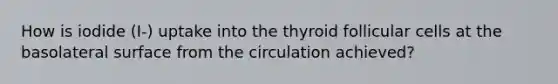 How is iodide (I-) uptake into the thyroid follicular cells at the basolateral surface from the circulation achieved?