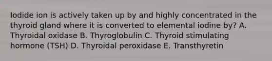 Iodide ion is actively taken up by and highly concentrated in the thyroid gland where it is converted to elemental iodine by? A. Thyroidal oxidase B. Thyroglobulin C. Thyroid stimulating hormone (TSH) D. Thyroidal peroxidase E. Transthyretin