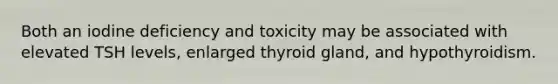 Both an iodine deficiency and toxicity may be associated with elevated TSH levels, enlarged thyroid gland, and hypothyroidism.