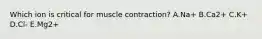 Which ion is critical for muscle contraction? A.Na+ B.Ca2+ C.K+ D.Cl- E.Mg2+