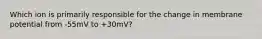 Which ion is primarily responsible for the change in membrane potential from -55mV to +30mV?