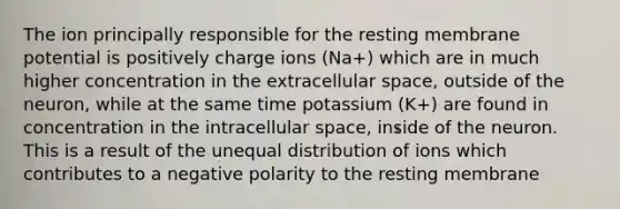 The ion principally responsible for the resting membrane potential is positively charge ions (Na+) which are in much higher concentration in the extracellular space, outside of the neuron, while at the same time potassium (K+) are found in concentration in the intracellular space, inside of the neuron. This is a result of the unequal distribution of ions which contributes to a negative polarity to the resting membrane