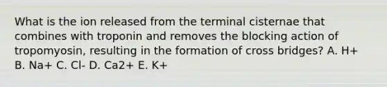 What is the ion released from the terminal cisternae that combines with troponin and removes the blocking action of tropomyosin, resulting in the formation of cross bridges? A. H+ B. Na+ C. Cl- D. Ca2+ E. K+