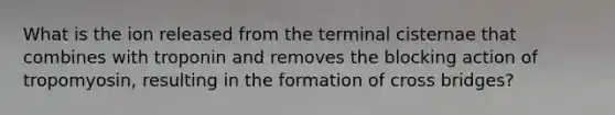 What is the ion released from the terminal cisternae that combines with troponin and removes the blocking action of tropomyosin, resulting in the formation of cross bridges?