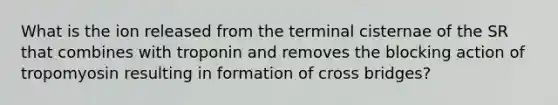 What is the ion released from the terminal cisternae of the SR that combines with troponin and removes the blocking action of tropomyosin resulting in formation of cross bridges?