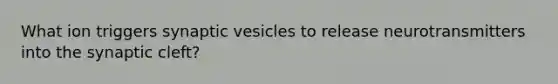 What ion triggers synaptic vesicles to release neurotransmitters into the synaptic cleft?