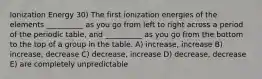 Ionization Energy 30) The first ionization energies of the elements __________ as you go from left to right across a period of the periodic table, and __________ as you go from the bottom to the top of a group in the table. A) increase, increase B) increase, decrease C) decrease, increase D) decrease, decrease E) are completely unpredictable