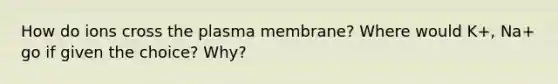 How do ions cross the plasma membrane? Where would K+, Na+ go if given the choice? Why?