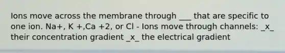 Ions move across the membrane through ___ that are specific to one ion. Na+, K +,Ca +2, or Cl - Ions move through channels: _x_ their concentration gradient _x_ the electrical gradient