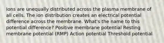 Ions are unequally distributed across the plasma membrane of all cells. The ion distribution creates an electrical potential difference across the membrane. What's the name to this potential difference? Positive membrane potential Resting membrane potential (RMP) Action potential Threshold potential