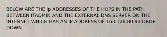 BELOW ARE THE ip ADDRESSES OF THE HOPS IN THE PATH BETWEEN ITADMIN AND THE EXTERNAL DNS SERVER ON THE INTERNET WHICH HAS AN IP ADDRESS OF 163.128.80.93 DROP DOWN