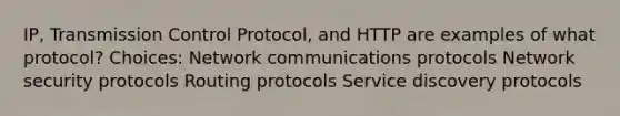 IP, Transmission Control Protocol, and HTTP are examples of what protocol? Choices: Network communications protocols Network security protocols Routing protocols Service discovery protocols