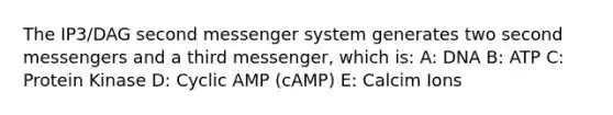 The IP3/DAG second messenger system generates two second messengers and a third messenger, which is: A: DNA B: ATP C: Protein Kinase D: Cyclic AMP (cAMP) E: Calcim Ions