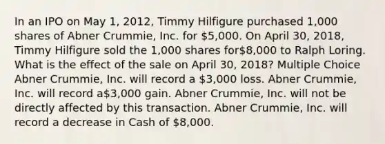 In an IPO on May 1, 2012, Timmy Hilfigure purchased 1,000 shares of Abner Crummie, Inc. for 5,000. On April 30, 2018, Timmy Hilfigure sold the 1,000 shares for8,000 to Ralph Loring. What is the effect of the sale on April 30, 2018? Multiple Choice Abner Crummie, Inc. will record a 3,000 loss. Abner Crummie, Inc. will record a3,000 gain. Abner Crummie, Inc. will not be directly affected by this transaction. Abner Crummie, Inc. will record a decrease in Cash of 8,000.