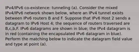 IPv4/IPv6 co-existence: tunneling (a). Consider the mixed IPv4/IPv6 network shown below, where an IPv4 tunnel exists between IPv6 routers B and F. Suppose that IPv6 Host 2 sends a datagram to IPv6 Host 4; the sequence of routers traversed are B,c,b,F. IPv6 datagrams are shown in blue; the IPv4 datagram is in red (containing the encapsulated IPv6 datagram in blue). Perform the matching below to indicate the datagram field value and type at point (a).