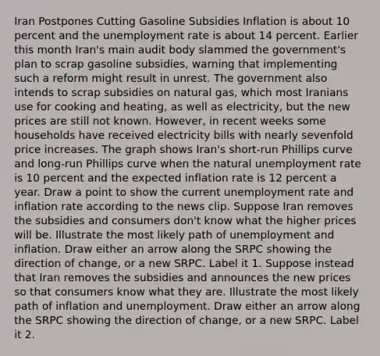 Iran Postpones Cutting Gasoline Subsidies Inflation is about 10 percent and the unemployment rate is about 14 percent. Earlier this month​ Iran's main audit body slammed the​ government's plan to scrap gasoline​ subsidies, warning that implementing such a reform might result in unrest. The government also intends to scrap subsidies on natural​ gas, which most Iranians use for cooking and​ heating, as well as​ electricity, but the new prices are still not known.​ However, in recent weeks some households have received electricity bills with nearly sevenfold price increases. The graph shows​ Iran's short-run Phillips curve and​ long-run Phillips curve when the natural unemployment rate is 10 percent and the expected inflation rate is 12 percent a year. Draw a point to show the current unemployment rate and inflation rate according to the news clip. Suppose Iran removes the subsidies and consumers​ don't know what the higher prices will be. Illustrate the most likely path of unemployment and inflation. Draw either an arrow along the SRPC showing the direction of​ change, or a new SRPC. Label it 1. Suppose instead that Iran removes the subsidies and announces the new prices so that consumers know what they are. Illustrate the most likely path of inflation and unemployment. Draw either an arrow along the SRPC showing the direction of​ change, or a new SRPC. Label it 2.