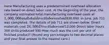 Irene Manufacturing uses a predetermined overhead allocation rate based on direct labor cost. At the beginning of the year, the company estimated total manufacturing overhead costs at 1,000,000 and total direct labor costs at830,000. In June, Job 711 was completed. The details of Job 711 are shown below. Direct materials cost 24,500 Direct labor cost12,000 Direct labor hours 300 Units produced 500 How much was the cost per unit of finished product? (Round any percentages to two decimal places and your final answer to the nearest cent.)