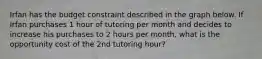 Irfan has the budget constraint described in the graph below. If Irfan purchases 1 hour of tutoring per month and decides to increase his purchases to 2 hours per month, what is the opportunity cost of the 2nd tutoring hour?