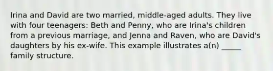 Irina and David are two married, middle-aged adults. They live with four teenagers: Beth and Penny, who are Irina's children from a previous marriage, and Jenna and Raven, who are David's daughters by his ex-wife. This example illustrates a(n) _____ family structure.